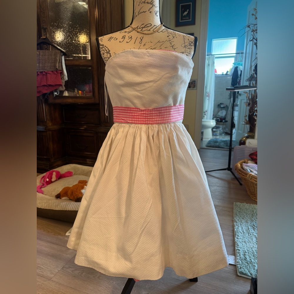 Fiandaca White Strapless Dress with Pink Gingham Belt size 4